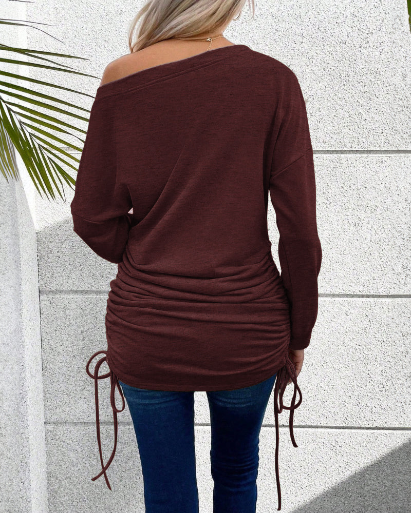 Skew Neck Long Sleeve Side Drawstring Top