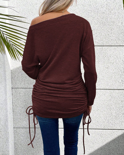 Skew Neck Long Sleeve Side Drawstring Top