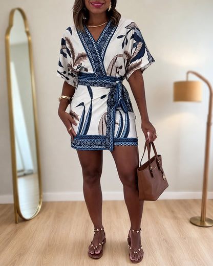 Women's Tropical Print Romper V Neck Wrap Knot Side Jumpsuit Half Sleeve Beach Vacation Summer Skorts Romper