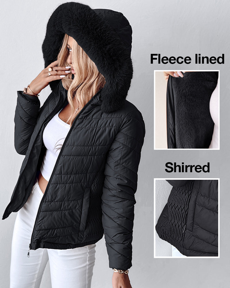 Zipper Pocket Design Shirred Fuzzy Trim Fleece Lined Hooded Puffer Jacket