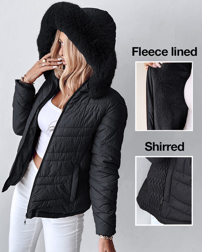 Zipper Pocket Design Shirred Fuzzy Trim Fleece Lined Hooded Puffer Jacket