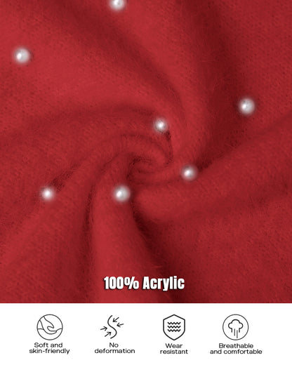 V Neck Long Sleeve Beaded Decor Oversized Sweater Fluffy Pullover Top