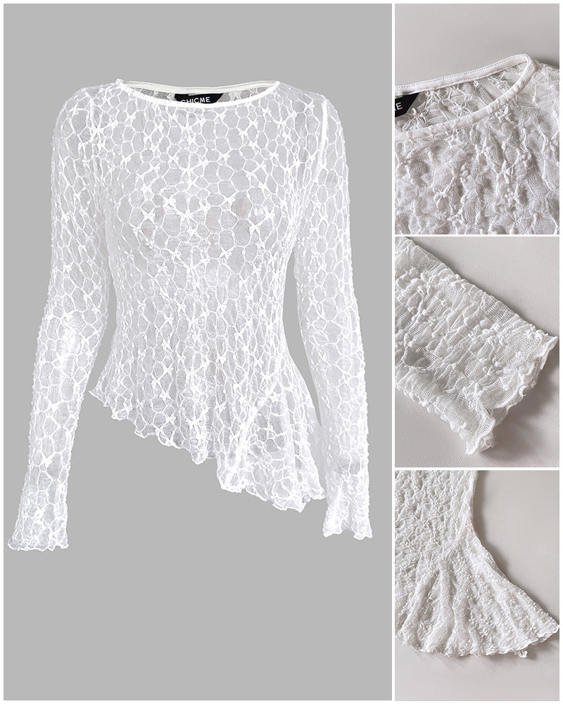 Long Sleeve Cinched Waist Asymmetrical Hem Textured Sheer Lace Top