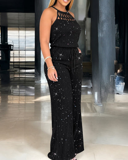 Women's Glitter Halter Tie Jumpsuit Casual Hollow Out Wide Leg Overalls Sparkling Drawstring Waist Jumpsuit with Pockets