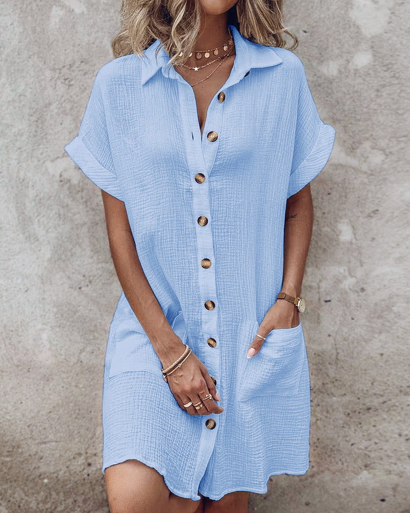 Women's Cotton Shirt Dress Casual Textured Short Sleeve Button Down Loose Mini Dress with Pockets