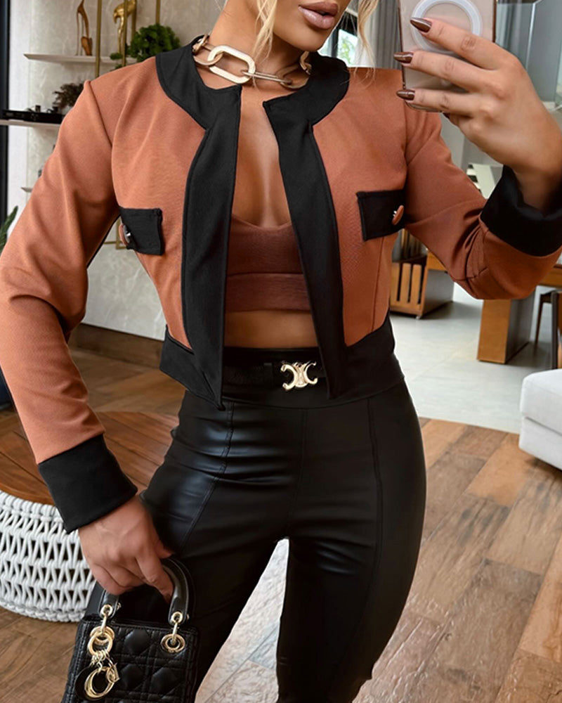 2 Pieces Outfit Colorblock Open Front Cropped Jacket with Spaghetti Strap Bandeau