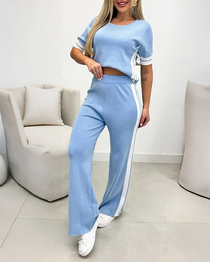 Women's Contrast Stripe 2 Piece Knit Outfits Short Sleeve Crewneck Top and Wide Leg Pants Set Casual Loungewear