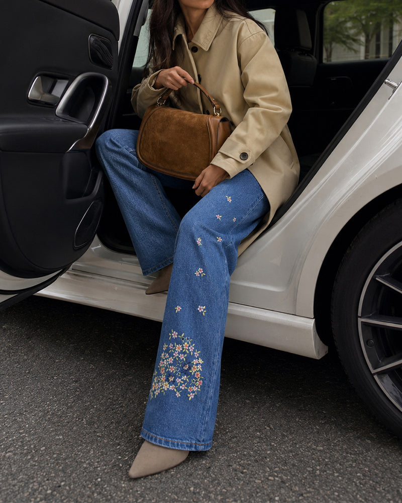 Women's High Waisted Floral Embroidered Flare Jeans Washed Denim Pants