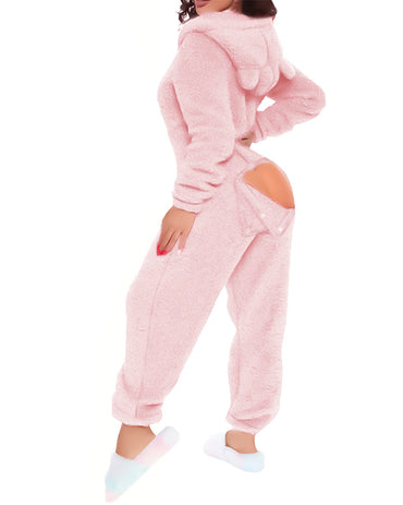 3D Ear Buttoned Flap Functional Fluffy Lounge Jumpsuit