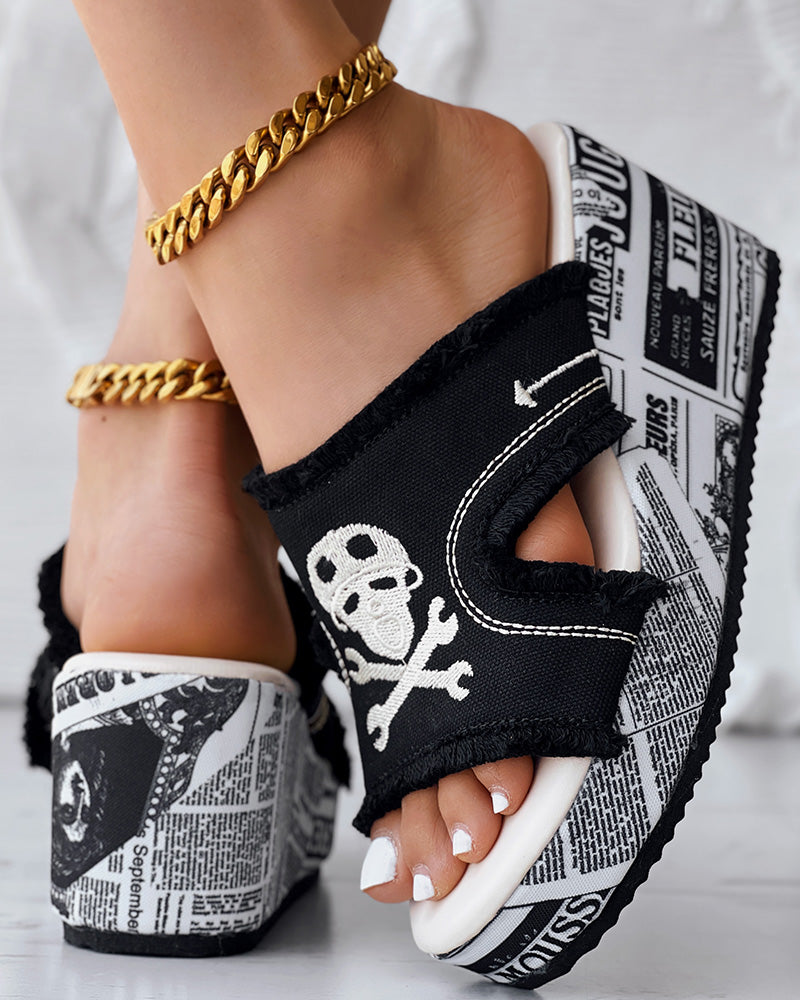 Newspaper Buckled Denim Wedge Slippers