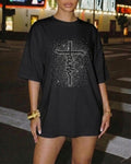 Women's Oversized Graphic T-Shirt Rhinestone Letter Drop Shoulder Short Sleeve Tee Loose Fit Streetwear Sparkly Casual Top
