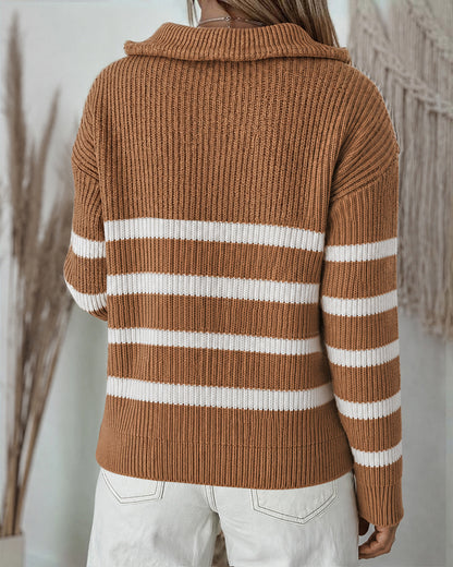 Women's Half Zip Striped Sweater Colorblock Turn-down Collar Knit Pullover Drop Shoulder Loose Fit Top