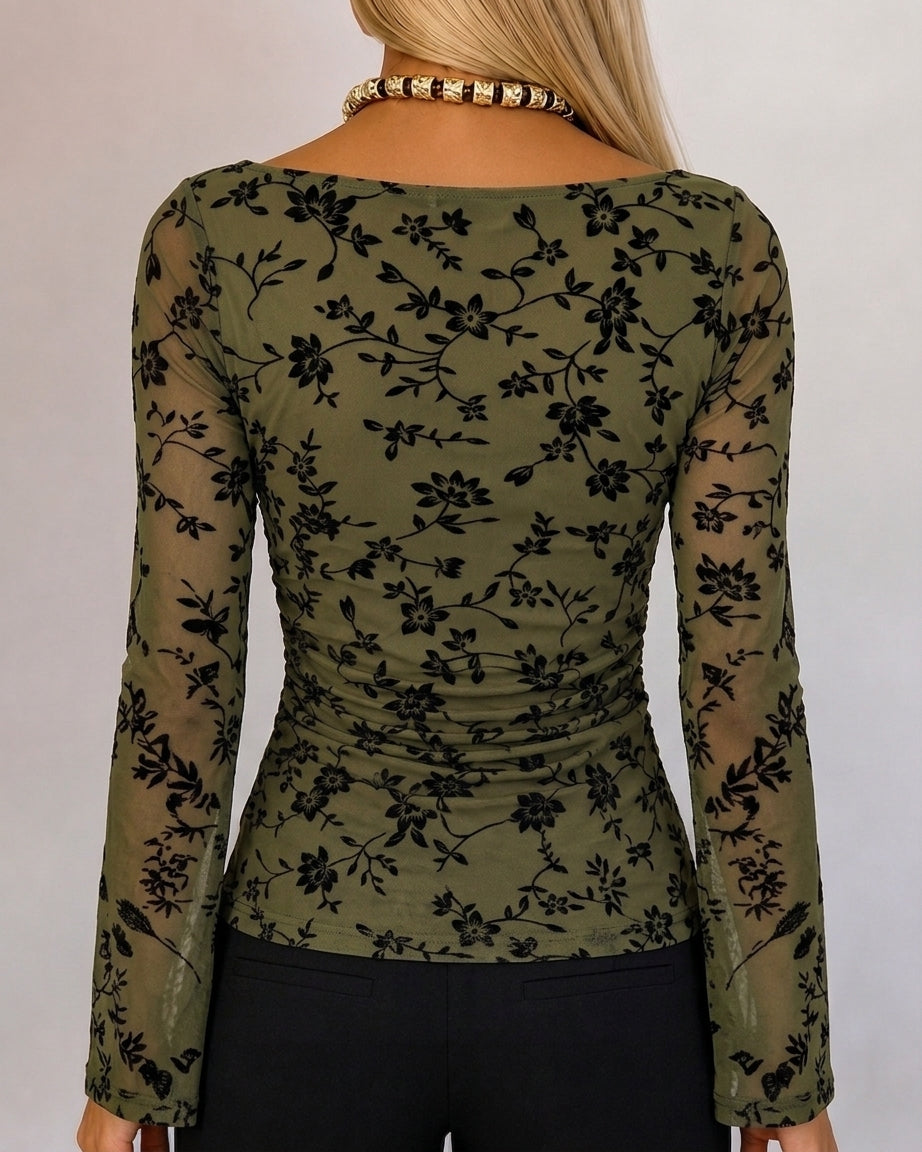 Women's Vintage Flocked Floral Mesh Top Boat Neck Ruched Flare Long Sleeve Tee