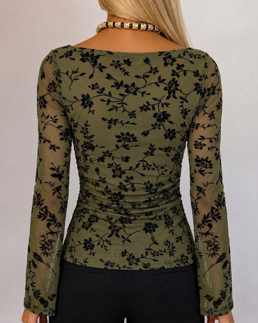 Women's Vintage Flocked Floral Mesh Top Boat Neck Ruched Flare Long Sleeve Tee