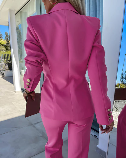 2 Pieces Outfit Notched Collar Double-Breasted Flap Detail Coat and Zipper Fly Elastic Back Waist Slim Fit Flared Pants Set Casual Blazer Set