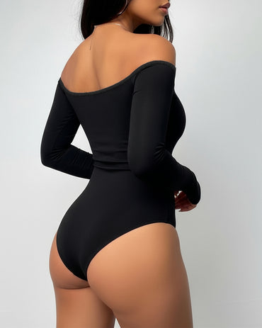 Off Shoulder Long Sleeve Slim Fit Versatile Bodysuit with Thumb Hole Cuffs