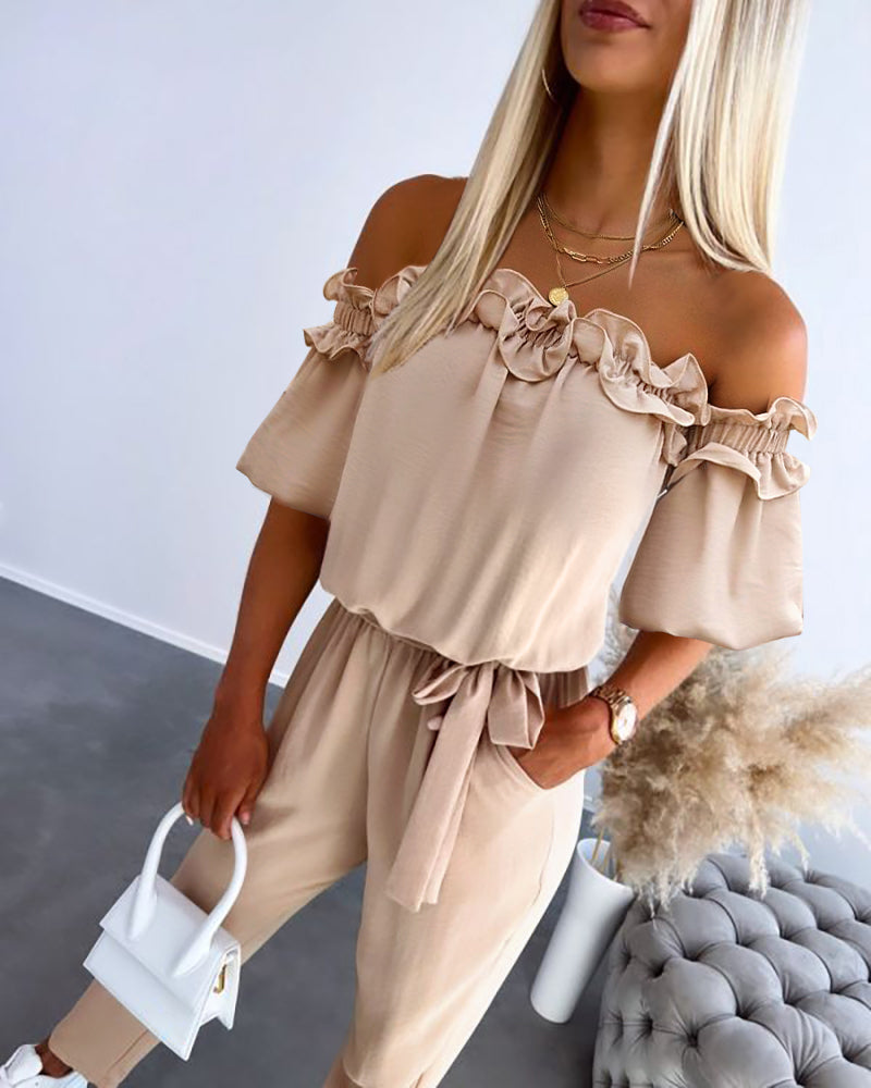 Off Shoulder Frill Hem Tied Detail Jumpsuit