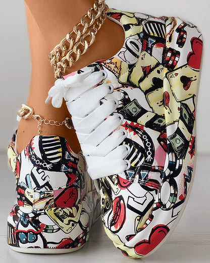 Lace-up Front Painting Print Platform Sneakers