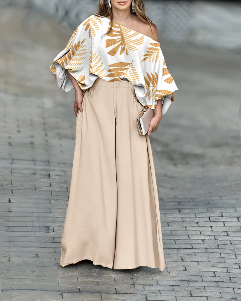 2 Pieces Outfit Tropical Leaves Print Skew Neck Batwing Sleeve Stretchy Hem Top and Zipper Fly Elastic Back Waist Wide Leg Pants Set Casual Loose Fit Set