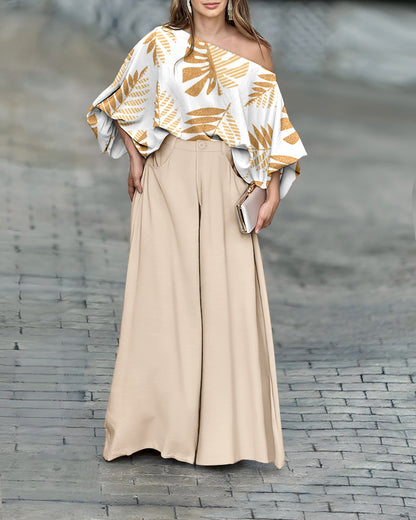 2 Pieces Outfit Tropical Leaves Print Skew Neck Batwing Sleeve Stretchy Hem Top and Zipper Fly Elastic Back Waist Wide Leg Pants Set Casual Loose Fit Set