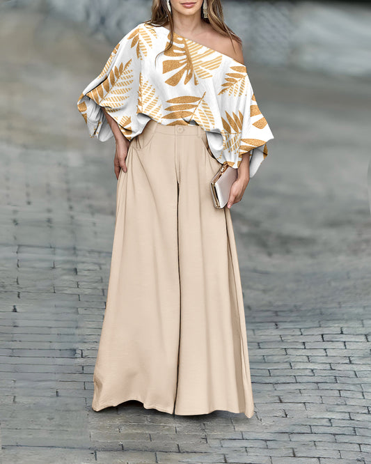 2 Pieces Outfit Tropical Leaves Print Skew Neck Batwing Sleeve Stretchy Hem Top and Zipper Fly Elastic Back Waist Wide Leg Pants Set Casual Loose Fit Set