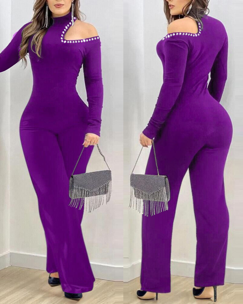 Women's Cold Shoulder Rhinestone Long Sleeve Jumpsuit Mock Neck Flare Leg Overalls