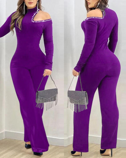 Women's Cold Shoulder Rhinestone Long Sleeve Jumpsuit Mock Neck Flare Leg Overalls