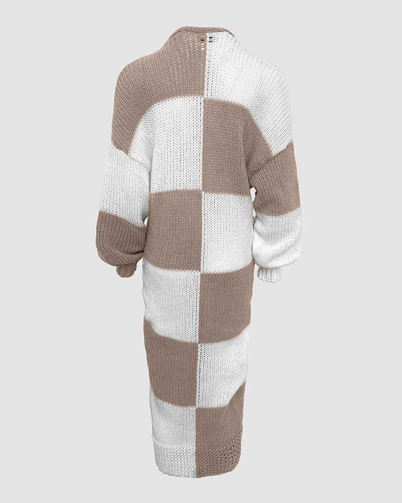 Women's Checkerboard Knit Cardigan Oversized Long Chunky Sweater Loose Lantern Sleeve Coat with Pockets