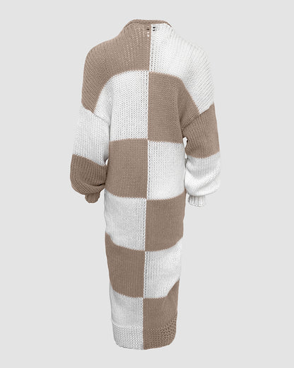 Women's Checkerboard Knit Cardigan Oversized Long Chunky Sweater Loose Lantern Sleeve Coat with Pockets