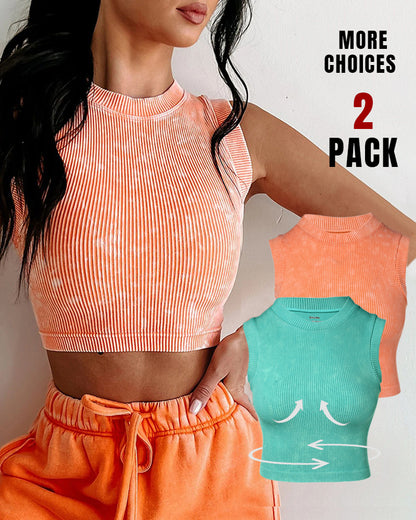 2-Pack Women's Washed Knit Tank Top Ribbed Sleeveless O-neck Cropped Tee Retro Casual Layering Top
