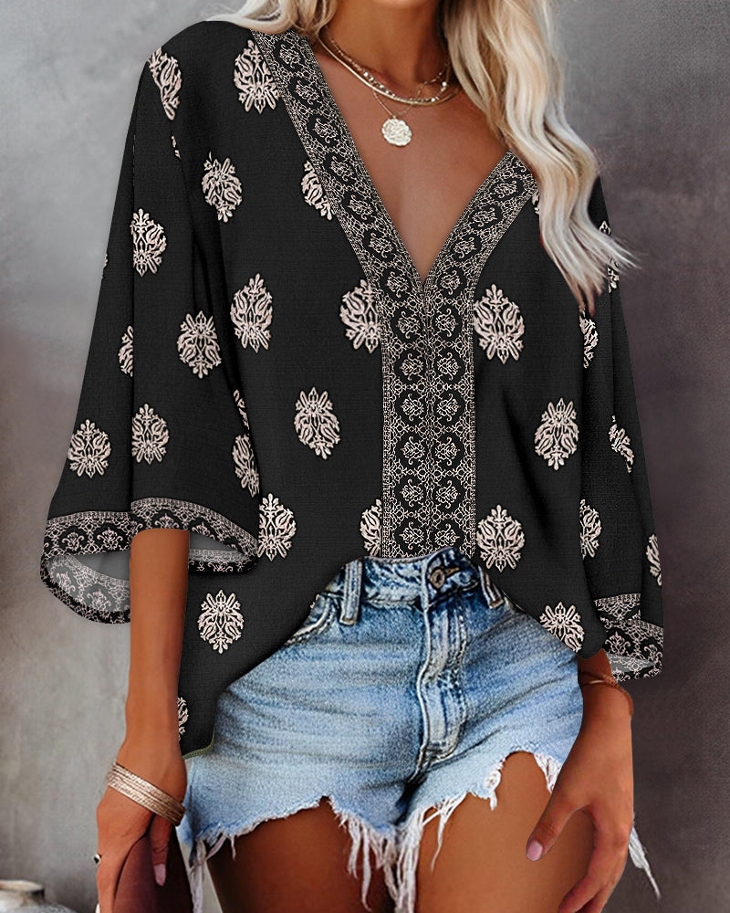Floral Print V Neck Long Sleeve Blouse Casual Loose Fit Top