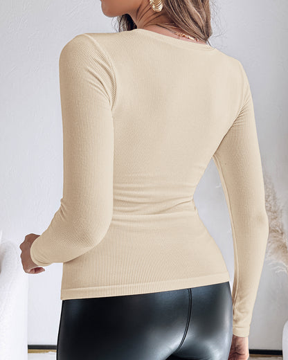 Built In Bra U Neck Tee High Stretchy Knit T-Shirt Long Sleeve Top