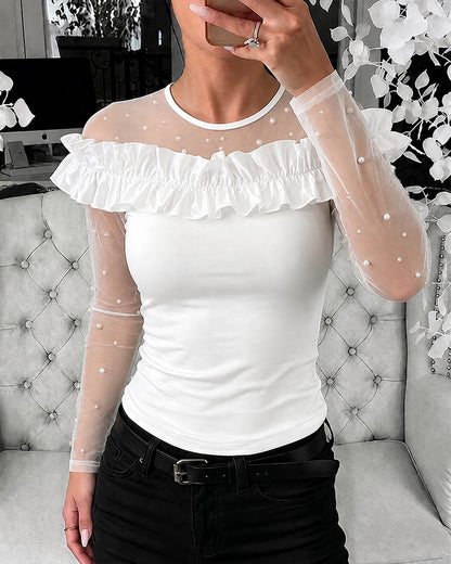 Women's Pearls Sheer Mesh Spliced Long Sleeve Ruffle Slim Fit Top
