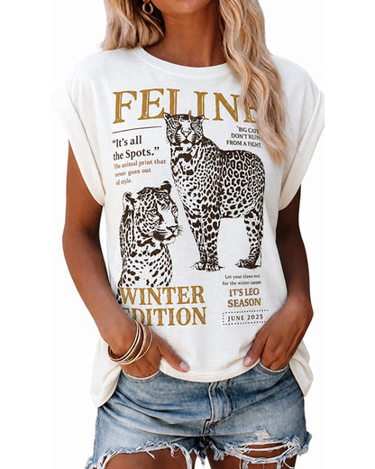 Women's Vintage Leopard Letter Tee Loose Drop Shoulder T Shirt Cap Sleeve Cuffed Casual Crewneck Top