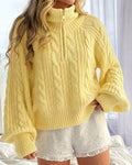 Women's Half Zip Cable Knit Sweater Lapel Long Sleeve Loose Pullover with Thumb Holes