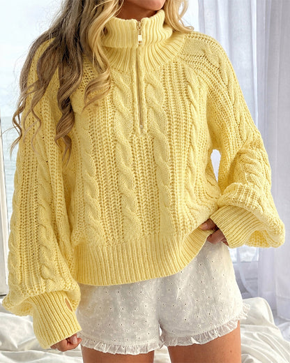 Women's Half Zip Cable Knit Sweater Lapel Long Sleeve Loose Pullover with Thumb Holes