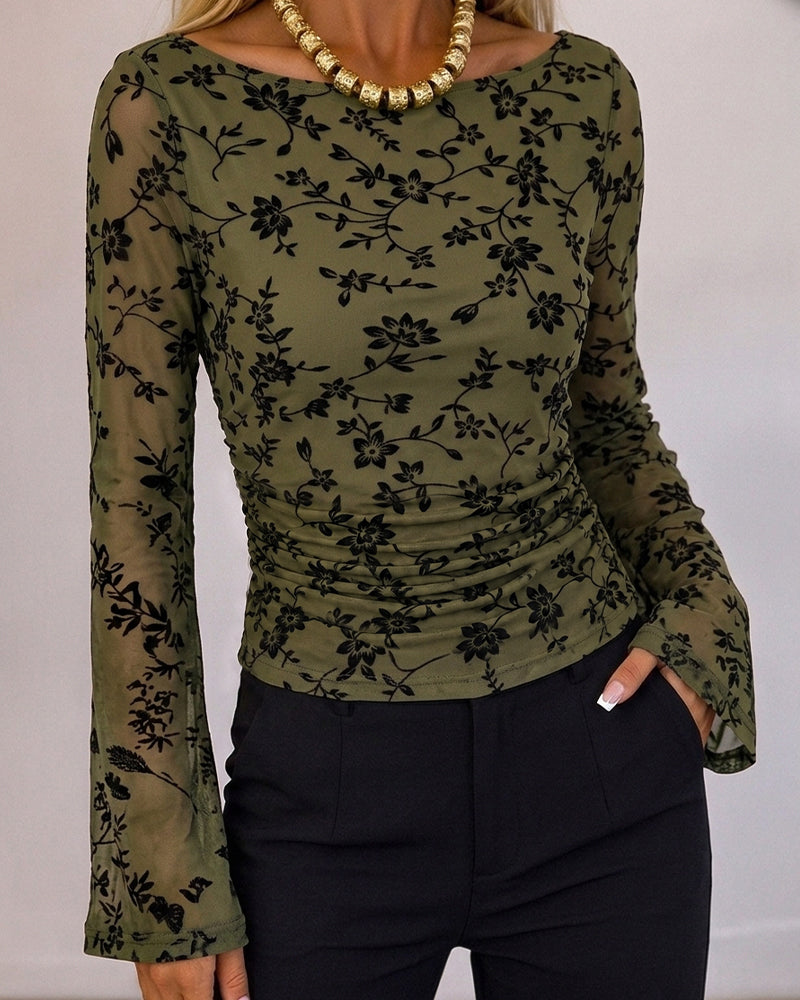 Women's Vintage Flocked Floral Mesh Top Boat Neck Ruched Flare Long Sleeve Tee