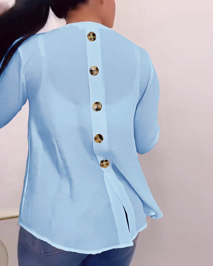 V-Neck Roll Up Sleeve Back Button Blouse Casual Top with Pocket