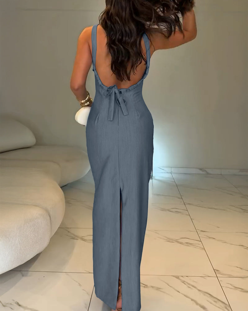 Halter Tied Detail Backless Slim Fit Dress Zipper Back Slit Maxi Dress