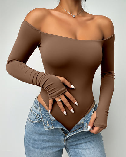Off Shoulder Long Sleeve Slim Fit Versatile Bodysuit with Thumb Hole Cuffs