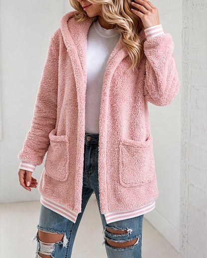 Women's Sherpa Fleece Hooded Jacket Open Front Striped Trim Fuzzy Outerwear Coat