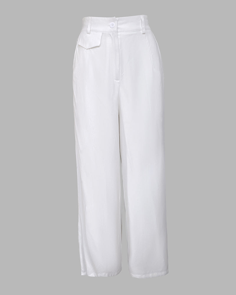 2 Pieces Outfit Turn-down Collar Cap Sleeve Button Front Tied Detail Top and Casual Zipper Fly Elastic Back Waist Wide-Leg Pants Set