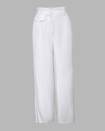 2 Pieces Outfit Turn-down Collar Cap Sleeve Button Front Tied Detail Top and Casual Zipper Fly Elastic Back Waist Wide-Leg Pants Set