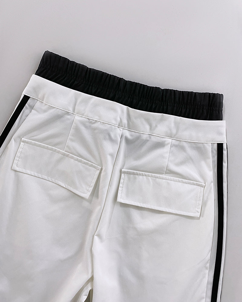 Contrast Side Striped Zipper Fly Stretchy High Waist Pants Flap Pockets Design Double Waistband Cargo Pants