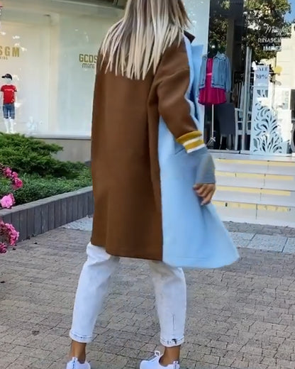 Color Block Long Trench Coat Single Breasted Detachable Fuzzy Leopard Pattern Lapel Overcoat