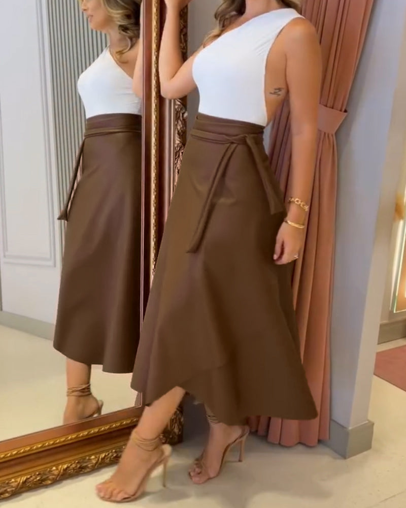 PU Leather Wrap Lace-Up Casual Mid-Length Skirt Work Skirt