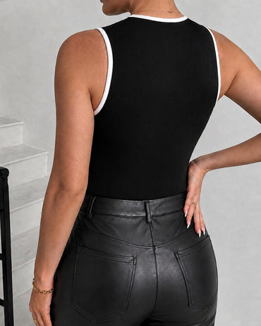 Women's Contrast Binding Tank Top Asymmetric Hollow Out Rib Knit Top Sleeveless Slim Fit Racerback Vest