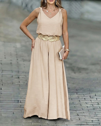 2 Pieces Outfit V-Neck Shoulder Bowknot Design Sleeveless Tank Top and Casual Zipper Fly Elastic Back Waist Wide Leg Pants Set without Belt