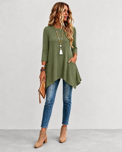 Women's Ribbed Asymmetrical Hem Top Crewneck Three Quarters Sleeve A-Line Casual Top