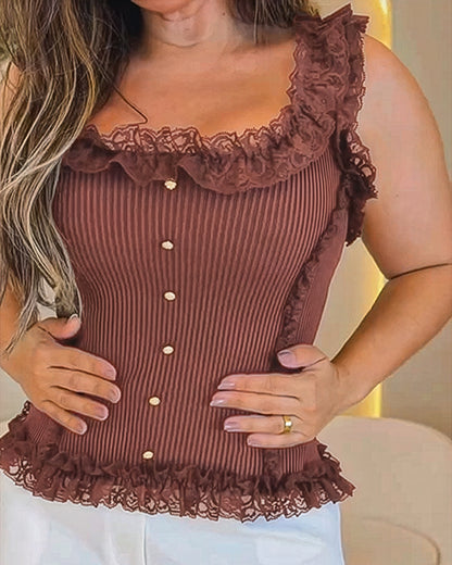 Contrast Lace Sleeveless Square Neck Crop Tank Casual Frill Hem Metal Button Decor Ribbed Knit Top